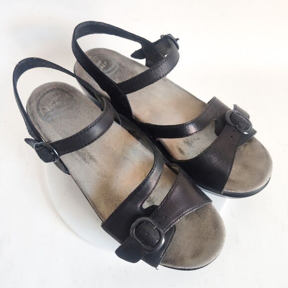 Dansko Sandals Womens Size 39 9 Metallic Black Leather Strappy Open Toe Clogs - Picture 9 of 11